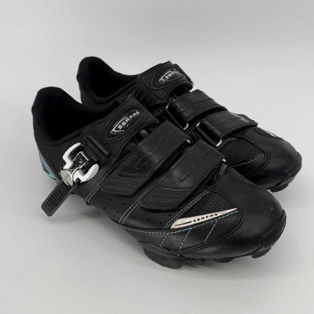 Serfas Astro Mountain Bike Cycling Shoes Black Blue SPD Cleat Ratchet Strap 39‎